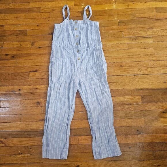 Everlane Romper The Linen Blue and White Stripe Square Neck Jumpsuit Women’s Siz - Picture 2 of 9